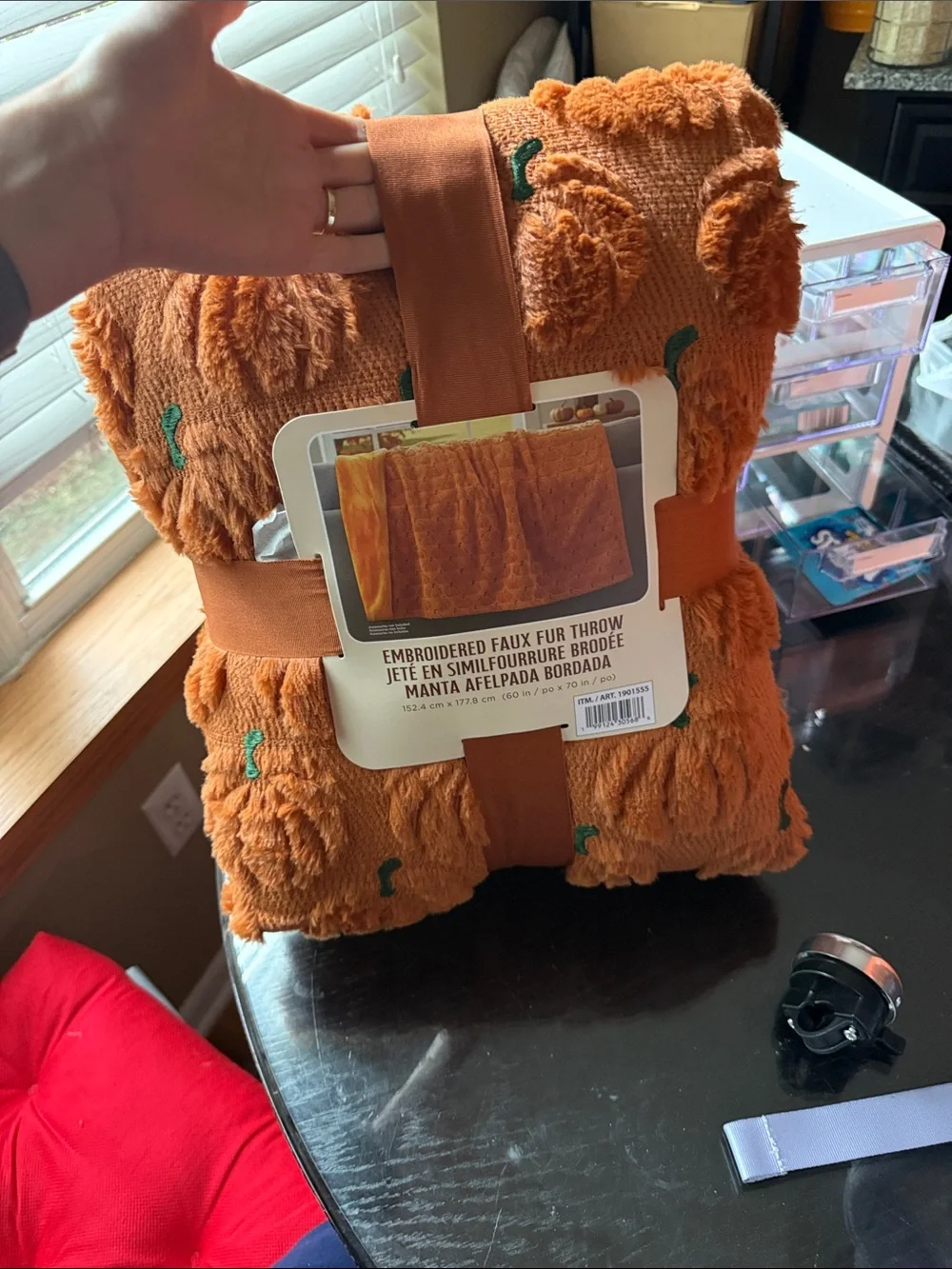 Costco Embroidered Faux Fur Pumpkin Orange Throw